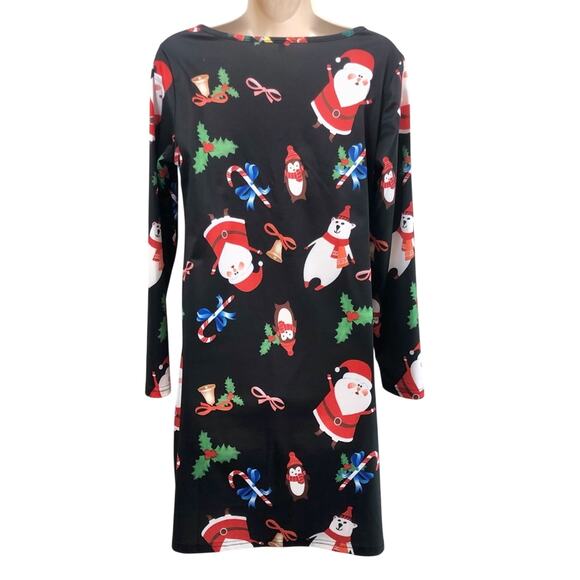 Christmas Dress Side Pockets Long Sleeve Black Background with Fun Holiday Print - Picture 2 of 16